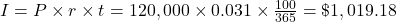 I = P \times r \times t = 120,000 \times 0.031 \times \frac{100}{365} = \$1,019.18