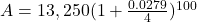 A = 13,250(1+\frac{0.0279}{4})^{100}