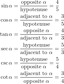 \begin{align*} \sin \alpha &= \frac{\text{opposite } \alpha}{\text{hypotenuse}} = \frac{4}{5} \\ \cos \alpha &= \frac{\text{adjacent to } \alpha}{\text{hypotenuse}} = \frac{3}{5} \\ \tan \alpha &= \frac{\text{opposite } \alpha}{\text{adjacent to } \alpha} = \frac{4}{3} \\ \sec \alpha &= \frac{\text{hypotenuse}}{\text{adjacent to } \alpha} = \frac{5}{3} \\ \csc \alpha &= \frac{\text{hypotenuse}}{\text{opposite } \alpha} = \frac{5}{4} \\ \cot \alpha &= \frac{\text{adjacent to } \alpha}{\text{opposite } \alpha} = \frac{3}{4} \end{align*}