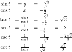 \begin{array}{rcll} \sin t & = y & = -\frac{\sqrt{3}}{2} \\ \cos t & = x & = -\frac{1}{2} \\ \tan t & = \frac{\sin t}{\cos t} & = \frac{-\frac{\sqrt{3}}{2}}{-\frac{1}{2}} & = \sqrt{3} \\ \sec t & = \frac{1}{\cos t} & = \frac{1}{-\frac{1}{2}} & = -2 \\ \csc t & = \frac{1}{\sin t} & = \frac{1}{-\frac{\sqrt{3}}{2}} & = -\frac{2\sqrt{3}}{3} \\ \cot t & = \frac{1}{\tan t} & = \frac{1}{\sqrt{3}} & = \frac{\sqrt{3}}{3} \end{array}