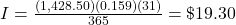 I = \frac{(1,428.50)(0.159)(31)}{365} = \$19.30