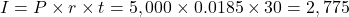 I=P \times r \times t=5,000 \times 0.0185 \times 30=2,775