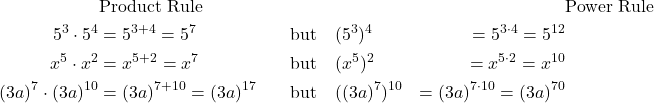 \begin{align*} & \text{Product Rule} & & & & \text{Power Rule} \\ 5^3 \cdot 5^4 &= 5^{3+4} = 5^7 & \quad \text{but} \quad & (5^3)^4 &= 5^{3 \cdot 4} = 5^{12} \\ x^5 \cdot x^2 &= x^{5+2} = x^7 & \quad \text{but} \quad & (x^5)^2 &= x^{5 \cdot 2} = x^{10} \\ (3a)^7 \cdot (3a)^{10} &= (3a)^{7+10} = (3a)^{17} & \quad \text{but} \quad & ((3a)^7)^{10} &= (3a)^{7 \cdot 10} = (3a)^{70} \end{align*}