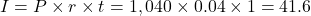 I=P \times r \times t=1,040 \times 0.04 \times 1=41.6