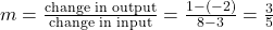 m = \frac{\text{change in output}}{\text{change in input}} = \frac{1 - (-2)}{8 - 3} = \frac{3}{5}