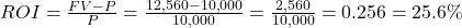 ROI = \frac{FV-P}{P} = \frac{12,560-10,000}{10,000} = \frac{2,560}{10,000} = 0.256 = 25.6\%
