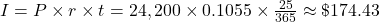I = P \times r \times t = 24,200 \times 0.1055 \times \frac{25}{365} \approx \$174.43