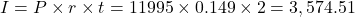 I=P \times r \times t=11995 \times 0.149 \times 2=3,574.51