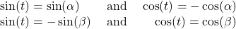 \begin{array}{lcr}\sin(t)=\sin(\alpha )& \text{ and }& \cos(t)=-\cos(\alpha )\\ \sin(t)=-\sin(\beta )& \text{ and }& \cos(t)=\cos(\beta )\end{array}
