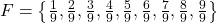 F = \left\{ \frac{1}{9}, \frac{2}{9}, \frac{3}{9}, \frac{4}{9}, \frac{5}{9}, \frac{6}{9}, \frac{7}{9}, \frac{8}{9}, \frac{9}{9} \right\}