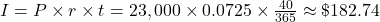 I = P \times r \times t = 23,000 \times 0.0725 \times \frac{40}{365} \approx \$182.74