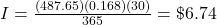 I = \frac{(487.65)(0.168)(30)}{365} = \$6.74