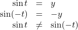 \begin{array}{rcl} \sin t & = & y \\ \sin (-t) & = & -y \\ \sin t & \neq & \sin (-t) \end{array}