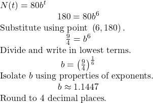 \begin{array}{l}N(t)=80{b}^{t}\hfill \\ \hfill \text{ }180=80{b}^{6}\hfill & \text{Substitute using point }\left(6, 180\right).\hfill \\ \hfill \text{ }\frac{9}{4}={b}^{6}\hfill & \text{Divide and write in lowest terms}.\hfill \\ \hfill \text{ }b={\left(\frac{9}{4}\right)}^{\frac{1}{6}}\hfill & \text{Isolate }b\text{ using properties of exponents}.\hfill \\ \hfill \text{ }b\approx 1.1447\hfill & \text{Round to 4 decimal places}.\hfill \end{array}