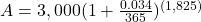 A = 3,000(1+\frac{0.034}{365})^{(1,825)}