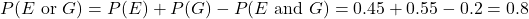 P(E \text{ or } G)=P(E)+P(G)-P(E \text{ and } G)=0.45+0.55-0.2=0.8
