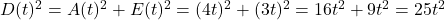 D(t)^2 = A(t)^2 + E(t)^2 = (4t)^2 + (3t)^2 = 16t^2 + 9t^2 = 25t^2