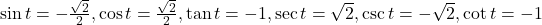 \sin t= -\frac{\sqrt{2}}{2}, \cos t= \frac{\sqrt{2}}{2}, \tan t= -1, \sec t= \sqrt{2}, \csc t= -\sqrt{2}, \cot t= -1