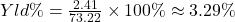 Yld\% = \frac{2.41}{73.22} \times 100\% \approx 3.29\%