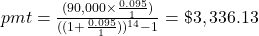 pmt = \frac{(90,000 \times \frac{0.095}{1})}{((1+\frac{0.095}{1}))^{14}-1} = \$3,336.13