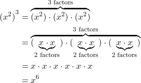 \begin{align*} {(x^2)}^3 &= \overbrace{(x^2) \cdot (x^2) \cdot (x^2)}^{\text{3 factors}} \\ &= \overbrace{ (\underbrace{x \cdot x}_{\text{2 factors}}) \cdot (\underbrace{x \cdot x}_{\text{2 factors}}) \cdot (\underbrace{x \cdot x}_{\text{2 factors}}) }^{\text{3 factors}} \\ &= x \cdot x \cdot x \cdot x \cdot x \cdot x \\ &= x^6 \end{align*}