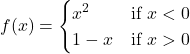 f(x)=\begin{cases} x^2 & \text{if } x<0 \\ 1-x & \text{if } x>0 \end{cases}
