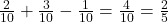 \frac{2}{10} + \frac{3}{10} - \frac{1}{10} = \frac{4}{10} = \frac{2}{5}